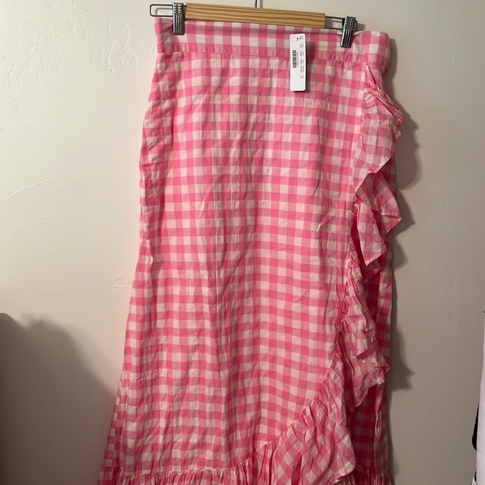 J Crew NWt pink and white gingham midi wrap skirt